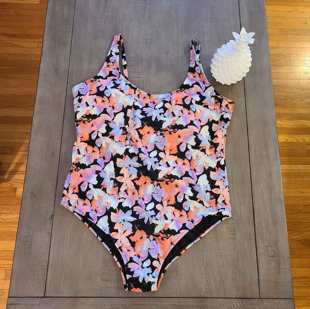 Floral Scoop One-Piece Swimsuit in Black with Coral & Lavender